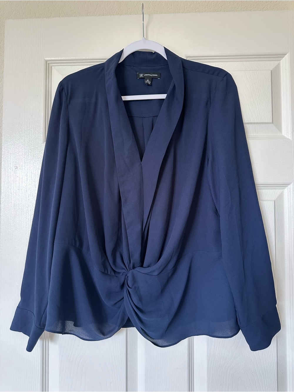 INC International Concepts Navy Blue Front Twist Top Blouse Long Sleeve Chiffon
